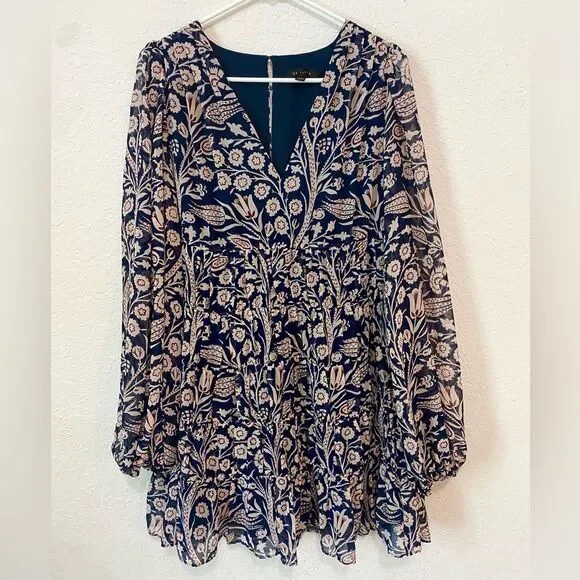 Ted Baker Tarrissa Tiered Swing Mini Blue and Tan Long Sleeves Dress Size 2 - Picture 2 of 6